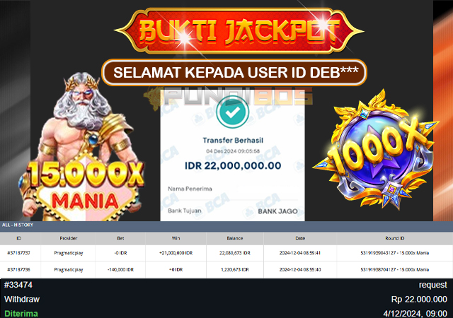 Selamat Kepada ID DEB*** JP 21jt