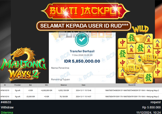 Selamat Kepada ID RUD*** Berhasil Jackpot Mahjong Ways 2