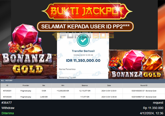 Selamat kepada ID PP2*** berhasil maxwin di BONANZA GOLD