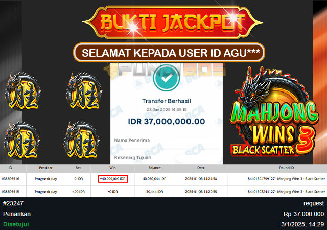 Selamat kepada id AGU*** berhasil JP 37jt