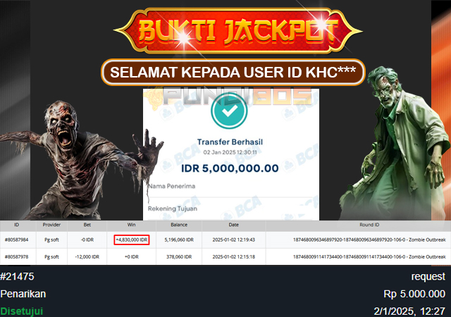 Selamat kepada ID KHC*** berhasil mendapatkan jackpot